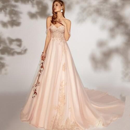 Eightree Champagne Wedding Dress Off The Shoulder Appliqued Bride Dresses A Line Elegant Tulle Wedding Bridal Evening Gowns 2021