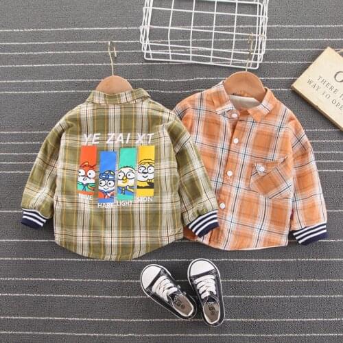Fashion Boys Shirt Cartoon Plaid Kids Long Sleeve Shirts Childrens Cotton Clothes Baby Boy Girls Thicken Blouses Velvet Tops