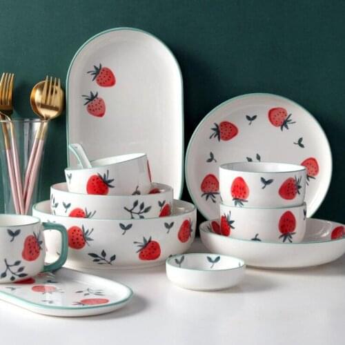 Cute Strawberry Kitchen Ceramic Plate Tableware Set Food Dishes Rice Steak Salad Noodles Bowl Soup Kitchen Cook Tool 1pc