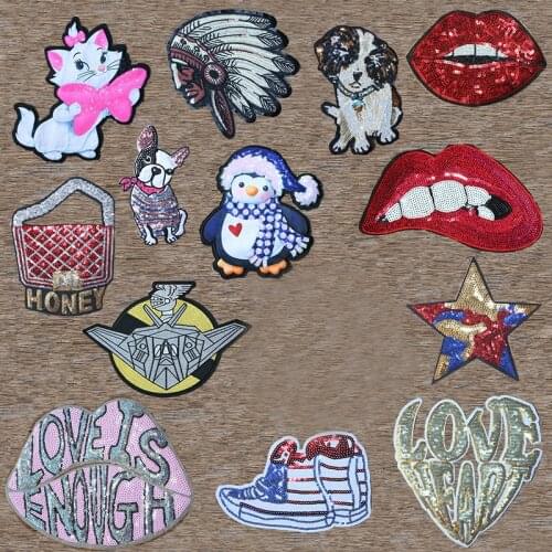Handbags Shoes Penguin Star Lips Cat Sequins Icon Embroidered Applique Patches For Clothes DIY Iron on Badges on the Backpack