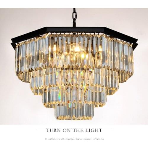 Retro American Square Crystal Pendant Light Black Iron For Dining Room Restaurant Bedroom Study Room Living Room LED E14 bulbs