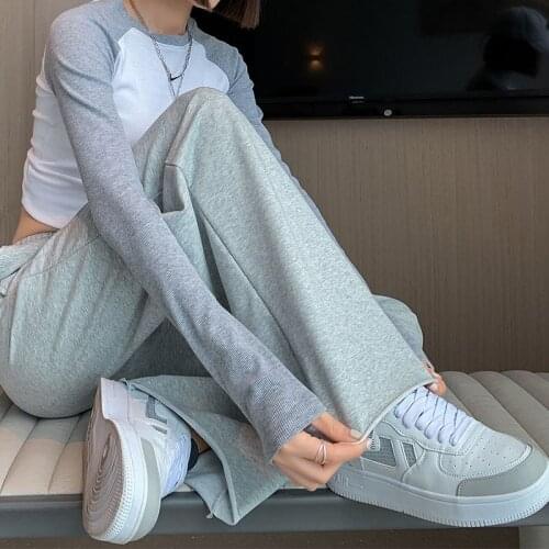Streetwear Wide-legged Trousers 2021 Sweatpants Elastic Waist Gray Straight Woman Pants Loose Chic Korean Pants Female NS4825