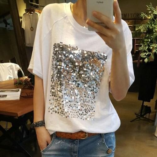 Streetwear Women T Shirts Diamond Tops Female 2020 Summer Shining tshirt O Neck Short Sleeve Black White Tees Cotton Clothes