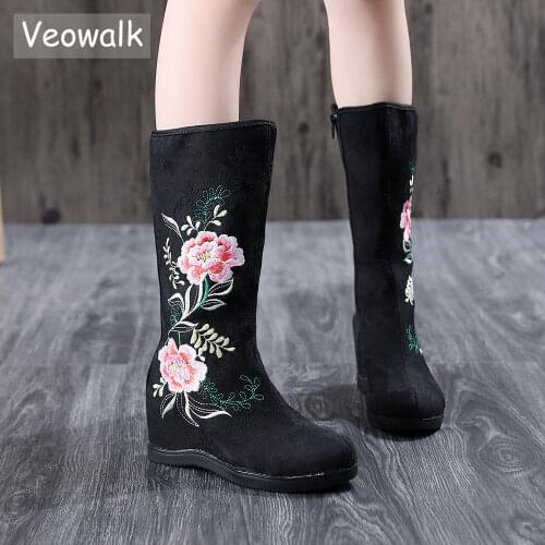 Veowalk Autumn Womens Cotton Fabric Mid-Calf Boots Chinese Embroidery Woman Hidden Wedge Heel Comfort Fall Shoes Ladies Boots