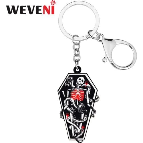 WEVENI Halloween Acrylic Horrror Smile Skull Coffin Keychains Fashion Purse Bag Key Chain Ring Charm Jewelry For Women Girl Gift