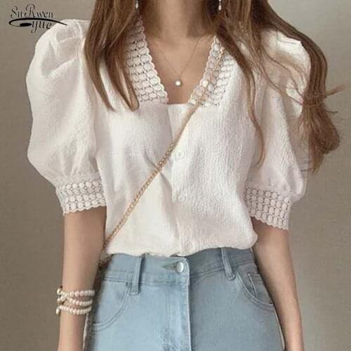 Korean Style Loose Summer Blouse New V-neck Pleated White Tops 2021 Puff Short Sleeve Lace Woman Shirt Retro Girl Blusas 13659