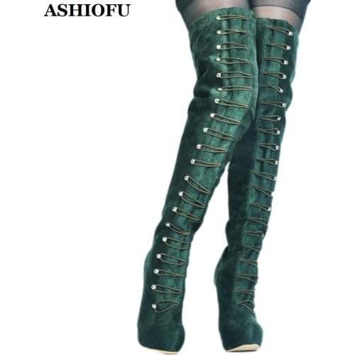 ASHIOFU Hot Sale Handmade Ladies High Heel Boots Real Photos Party Prom Club Thigh High Boots Evening Platform Winter Boot Shoes