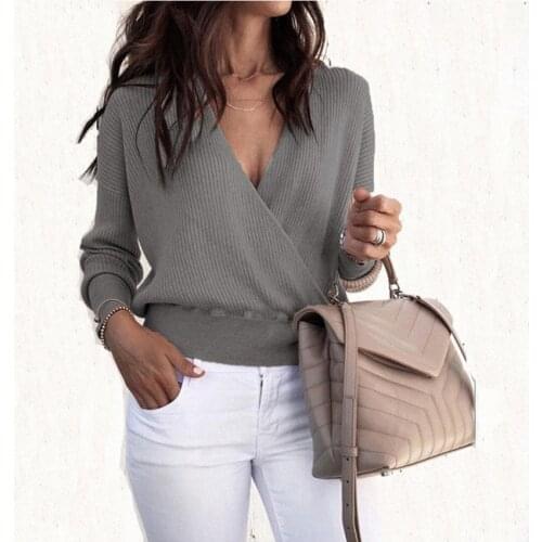 2020 Autumn Tops and Pullovers Long Sleeve Knitted Sweaters for Women V Neck Cross Wrap Sweaters and Pullovers Fashion Tops