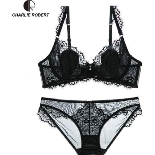 CR Intimates 2018 New Underwear Lingerie Set Women Push Up Lace Bra Plus Size 32A 42D Transparent Bra set Underwear