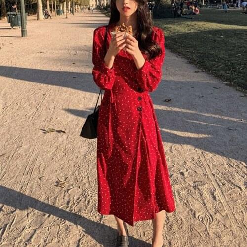 New 2020 Spring Summer Women Dresses Chiffon V-Neck Floral Dots Buttons Lace Up Bow Elegant Casual Dress Long Size S-XL