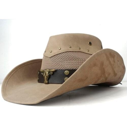 100% Leather Men Women Mesh Western Cowboy Hat Wide Brim Hat Outdoor Sombrero Hombre Cowgirl Hat Bull Ribbon