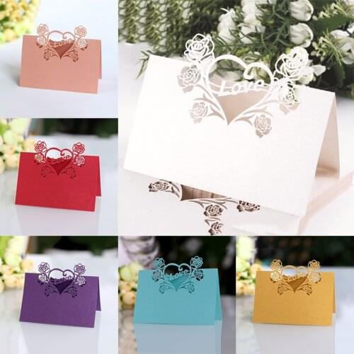 100pcs Eight Colors Rose Love Table Name Wine Guest Place Cards Laser Cut Favor Decoration Wedding Supplies Seating Decoration