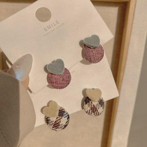 2021 New Small and Exquisite Love Heart Round Ball Fabric Stud Earrings Korean Fashion Student Clothes Earrings for Women Girls