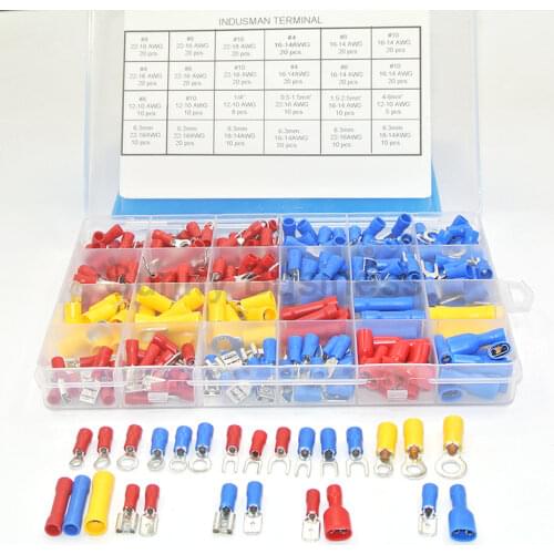 373Pcs 24value Assorted Insulated Electrical Wire Terminals Crimp Connector Spade Butt Ring Fork Set #4 to 1/4" for wire auto