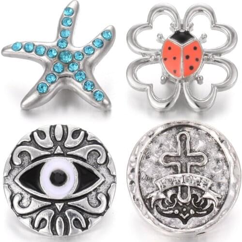 6pcs/lot New Snap Jewelry Rhinestone Starfish Ladybug Cross 18mm Snap Buttons Fit Leather Snap Bracelet Bangle Jewelry