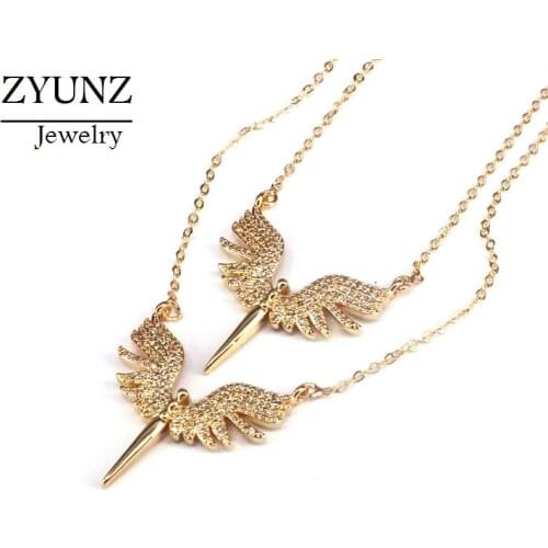 6PCS, Fashion Pendant Necklace Gold Color CZ Paved Angel Wing Necklaces Fashion Accessory Party Jewelry