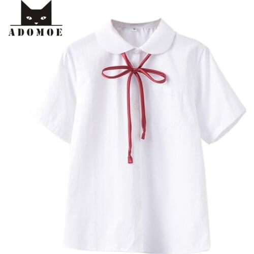 White Cotton Japanese Student Girls School Uniform White color Shirt Teens short sleeve Red ribbon tie Women Preppy style Blouse