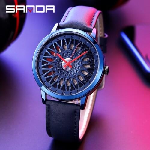 SANDA 2021 New Mens Wheel Watch Quartz Waterproof Car Outline Mens Leather Watch Sports Fashion Personality Wheel Watch P1060