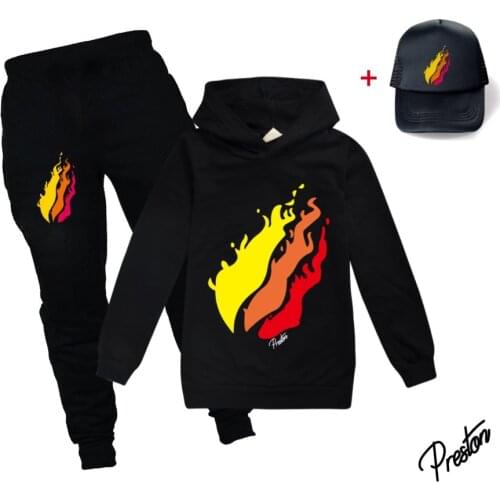 Kids 2021 Cartoons PRESTONPLAYZ Black Sweatshirts Teenage Girl Boy Preston Playz Long Sleeve Hoodies+Hat Hip-hop 2-16Y 3PCS Sets