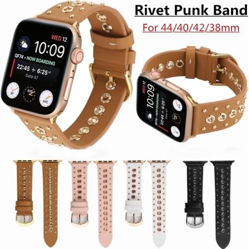 For Apple Watch Band Series SE 6 5 4 3 2 Black/Brown Punk Rivet Strap for iWatch 38mm 42mm 40/44mm Fashion Leather Bracelet Belt