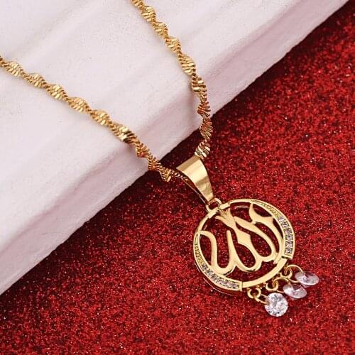 Classic Arabic Muslim Jewelry Wholesale Gold Color Crystal Allah Pendants Necklaces For Women
