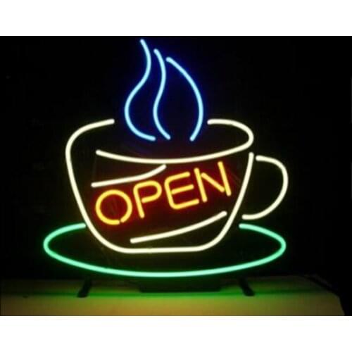 Coffee Cafe Cup Store Open Neon Sign Handmade Real Glass Tube Drink Bar KTV Motel Tea Home Decoration Display Neon Signs 16"X16"