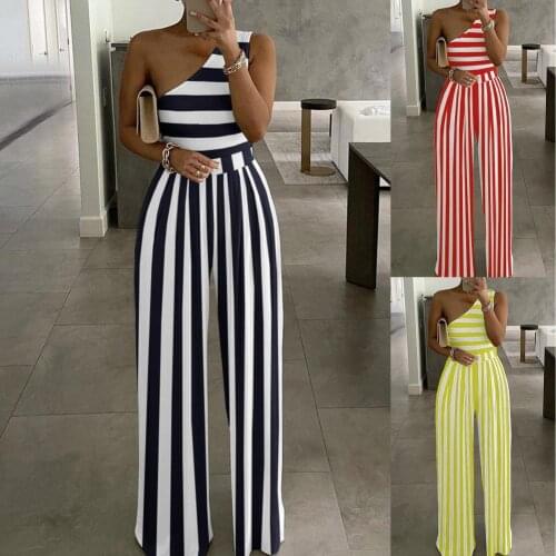 Women Jumpsuit Vertical Temperament Stripes Print Single Shoulder Summer Slash Neck Wide Leg Jumpsuit for Daily Wear New 2021
