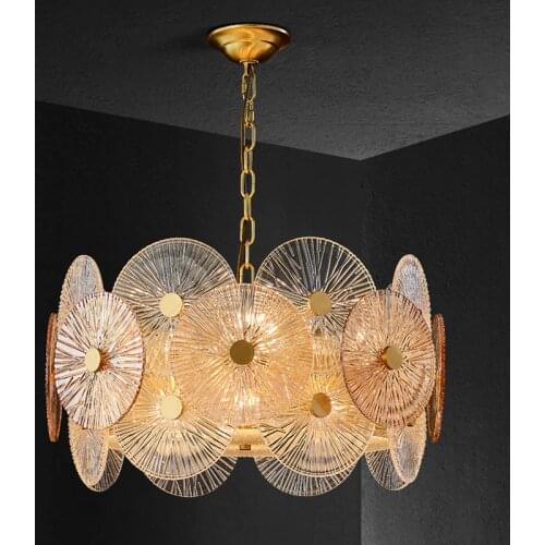 Post Modern Round Metal Led Pendant Lights Glass Sheet Chain Hanging Lamp Luxury Living Room Led Droplight Lustre Gold Lamparas