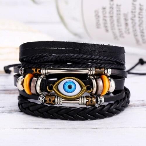 Cute Bohemian Turkish Eyes Beaded Leather Bracelets Set for Men Women Vintage Weave Braided Pulseras Fashoin Jewelry Bangles
