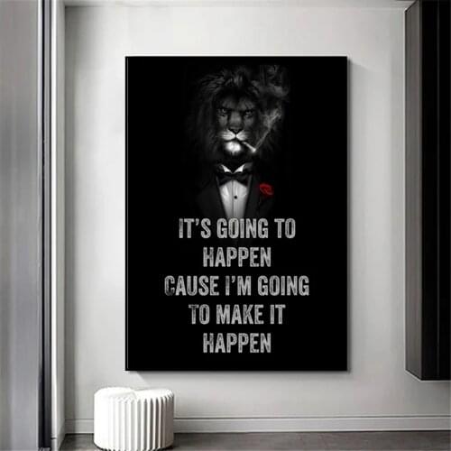 Funny Animal Wall Art Pictures Black White Lion In Suit Motivational Quotations Posters and Prints Office Decor Canvas Paintings