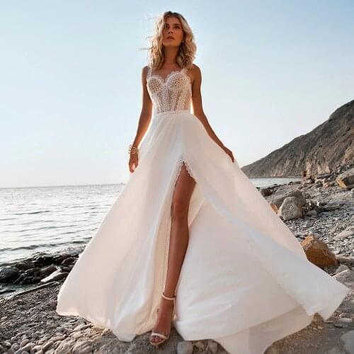 Charming Satin Chiffon Wedding Dress 2021 Boho Simple Sweetheart Lace Spaghetti Straps Bridal Gowns with Slit