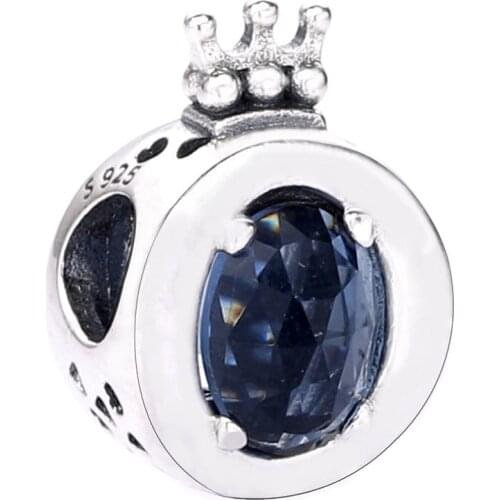 Original Sparkling Crown O With Blue & Clear Crystal Beads Fit 925 Sterling Silverl Charm Bracelet Bangle Diy Jewelry