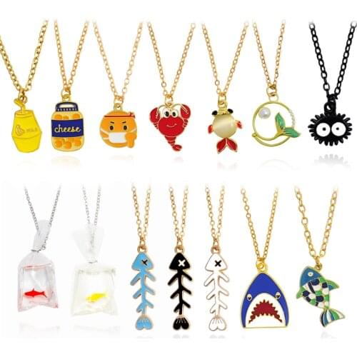 Multi Style Fish Pendant Necklace Goldfish shark lobster Fishbone fish tail Animal Necklace Banana milk Cheese black Thorn ball