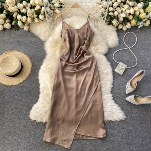 Trendy Summer Dress Spaghetti Strap V Neck Ruched Sexy Slip Dress Satin Vintage Evening Party Elegant Midi Dress Women Clothes