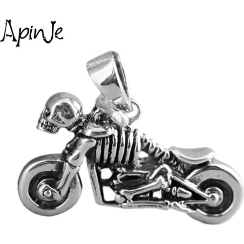 Apinje 925 Sterling Silver Pendant Motorcycle Dangle Charm Punk Hip Hop Rock Men Fashion Jewelry Skull Necklace Pendant