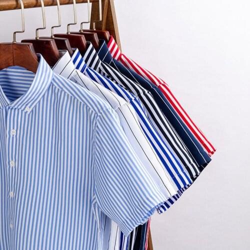 Striped Shirt Mens Solid Color Plaid Shirts Tops Casual Short Sleeve Shirt Slim Fit Male Camisa Social Korean Breathable Blue