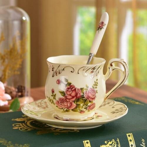 Luxury Ceramic england style flower Coffee Cup Sauce Set Bone China Breakfast Afternoon Flower Tea Cup with spoon
