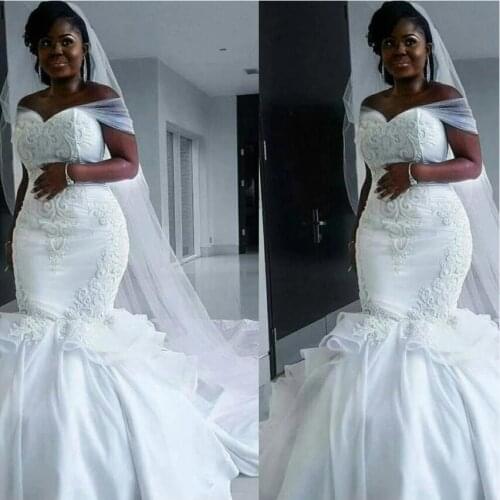 Off the Shoulder Indian Bridal Designs Embroidery Satin Mermaid Wedding Dresses 2021