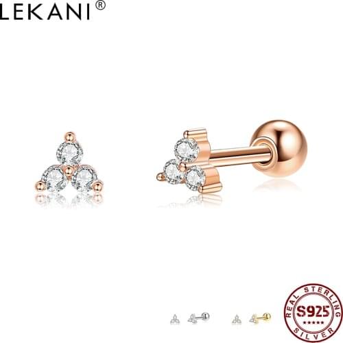 LEKANI Geometric 925 Sterling Silver Stud Earrings For Women Korean Clear Cubic Zirconia Girl Earring Wedding Small Fine Jewelry