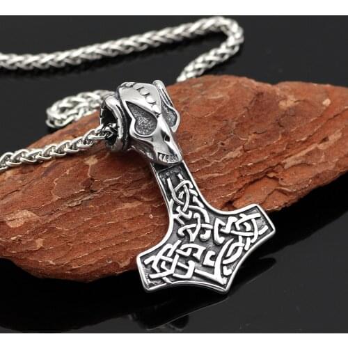 Youshone Norse Stainless Steel Viking Goat Skull Thors Hammer Amulet Hammer Scandinavian Pendant Necklace 10 pcs