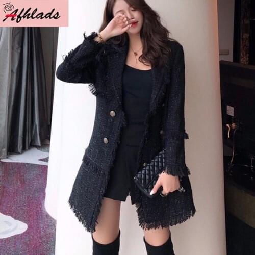 Vintage Notched Collar Tweed Tassel Patchwork Jacket Women Black Casual Double-Breasted Jackets Long Sleeve Wool Outerwear