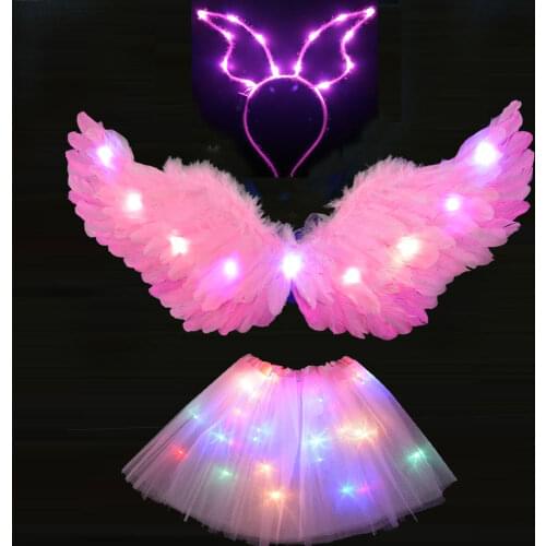Women Girl Angel Cosplay Costume Light Tutu Skirt Hairband Glow Head Wear Birthday Gift Wedding Neon Party New Year Christmas