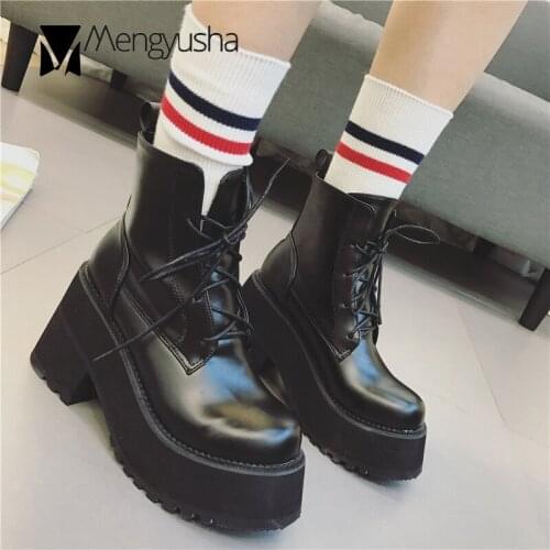Girls chunky heels short booties mujer lace-up black botas pu leather shoes women platform boots high heels riding botines 2020