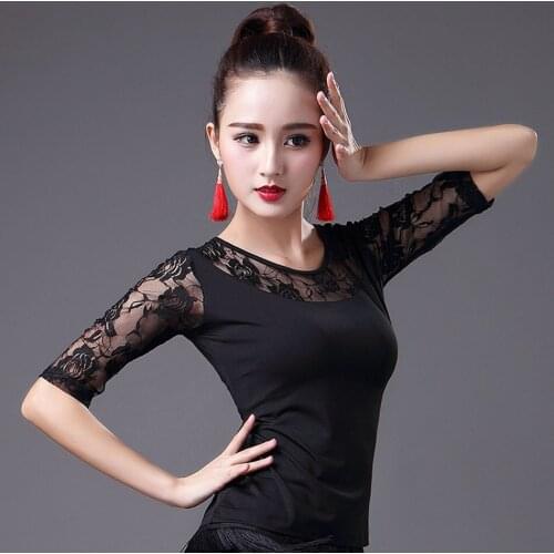 Lady Lace Latin Dancing Tops Female Half Sleeves Ballroom Dance Costume Cloth Tango Chacha Dances Competition Tops 019