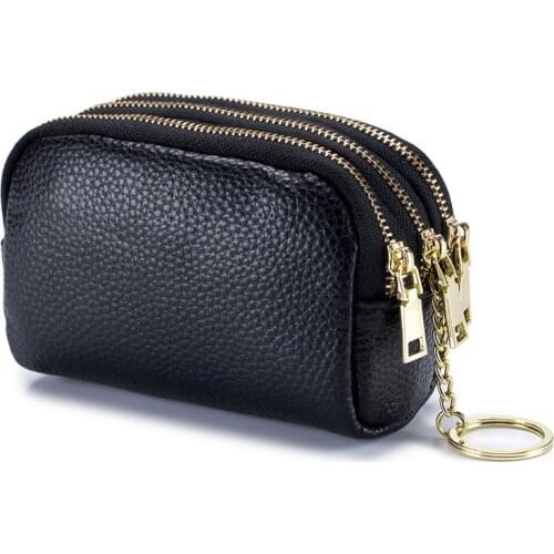 Womens Wallet Genuine Leather Zipper Multifunctional Coin Purse Female Solid Color Lychee Pattern Keychain Card Clutch Bag