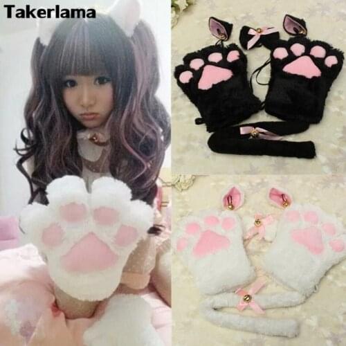 1set New Anime Cosplay Costume Cat Ears Plush Paw Claw Gloves Tail Cute Sexy Women Party Christmas Halloween Cosplay Props
