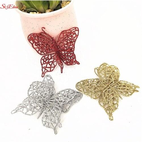 10pcs Artificial Butterfly Christmas Tree Pendant Ornaments Wedding Artificial Hollow Butterfly Artificial Glitter Butterfly 6Z