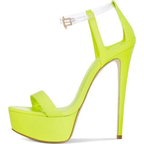 Linamong Woman Fluorescent Yellow Black Platform One Line Ankle Strap Platform Sandal Ladies Super Thin Heels Cuts Out Sandals
