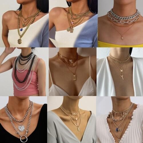 Multilayer Cuba Miami Thick Chain Retro Hip Hop Personality Fashion Punk Style Metal Coin Pendant Necklace Girl Jewelry