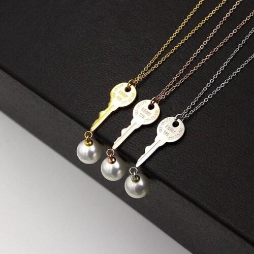 Fashion Stainless Steel Simple Key Shape Pearl Charm Necklace Pendant For Women Jewelry Gift